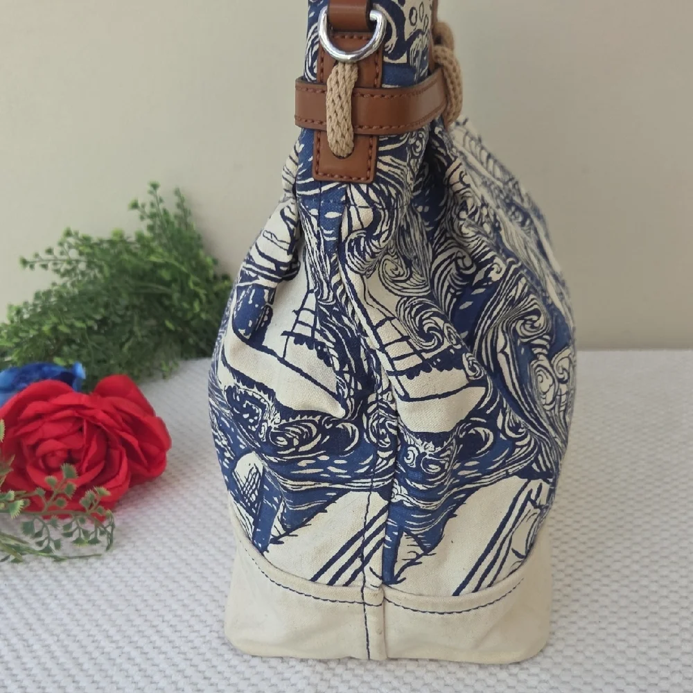 Lauren Ralph Lauren Nautical Sailors Canvas Leather Crossbody Satchel Purse Bag - Picture 7 of 14